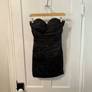 Black satin fitted strapless dress